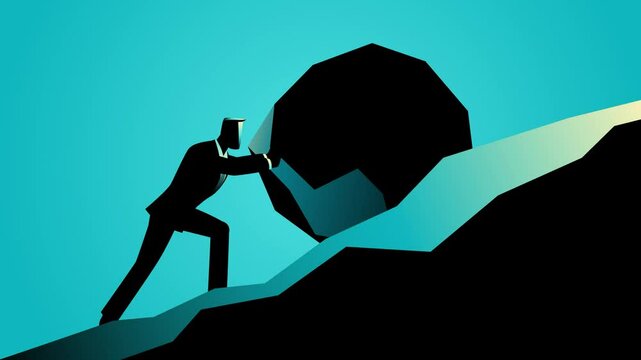 Businessman Pushing Giant Rock Uphill, perseverance and hard work concept animation.