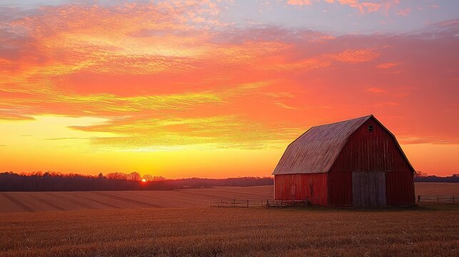 Sunset over farm, orange sky above silhouette of barn and fields, quiet evening scene reflecting peaceful rural life and end-of-day transition in agricultural setting