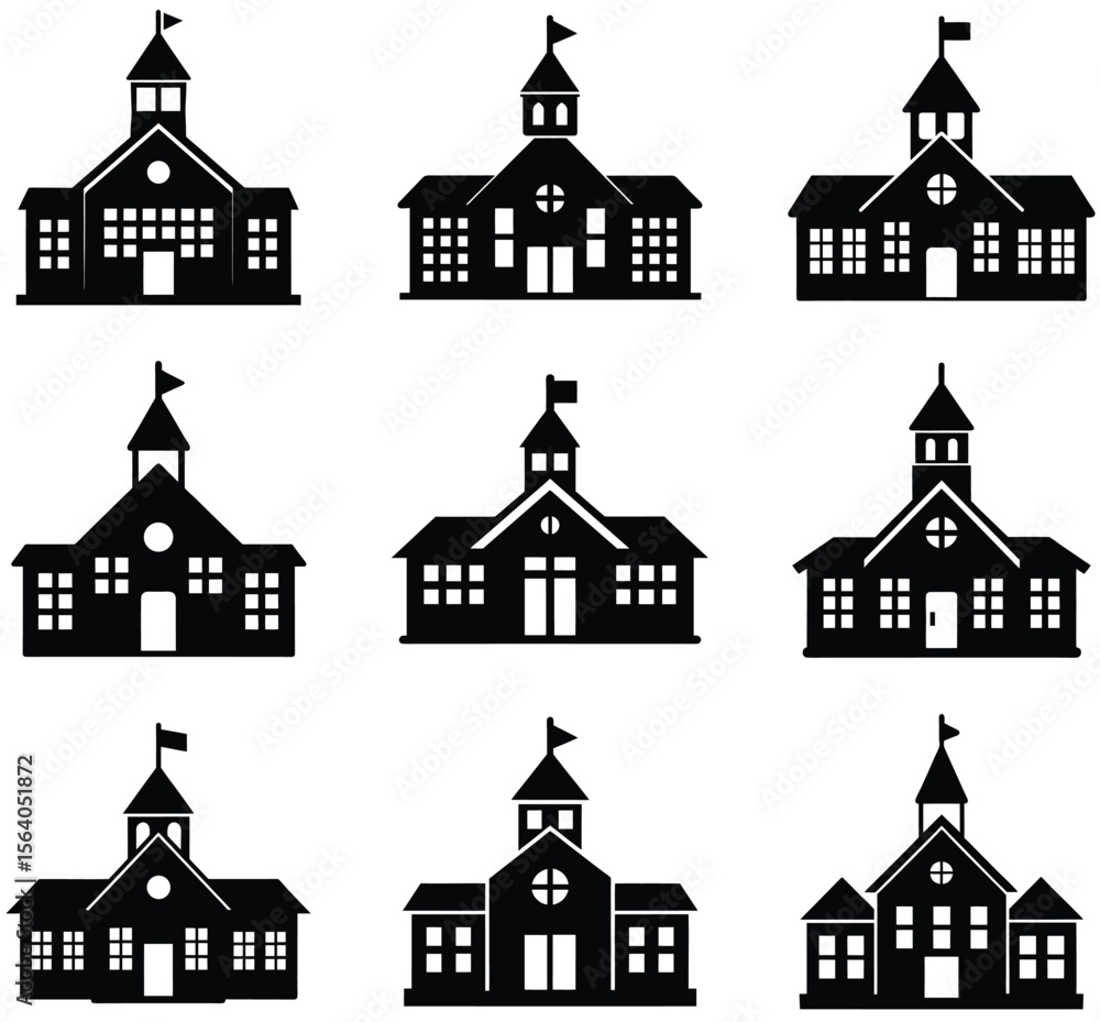 Poster silhouette depiction of school buildings in a grid pattern displayed neatly