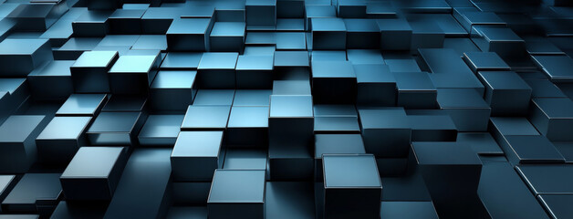 Abstract background of metallic cubes in varying heights and blue lighting