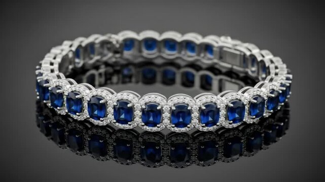 Elegant jewelry bracelet with blue sapphires and diamonds on dark reflective background. Luxury gemstone bracelet.