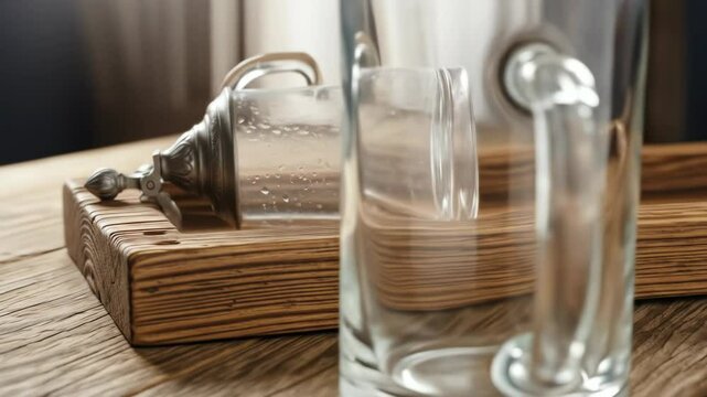 Rustic beer stein with vintage design on wooden table, for beer, drink, Oktoberfest, glass, table and wood.
