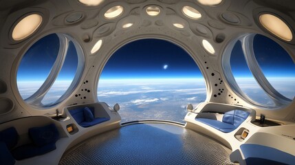 Futuristic spacecraft interior with stunning view of planet from space station