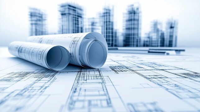 Architectural blueprint scroll with building design, depicting construction planning