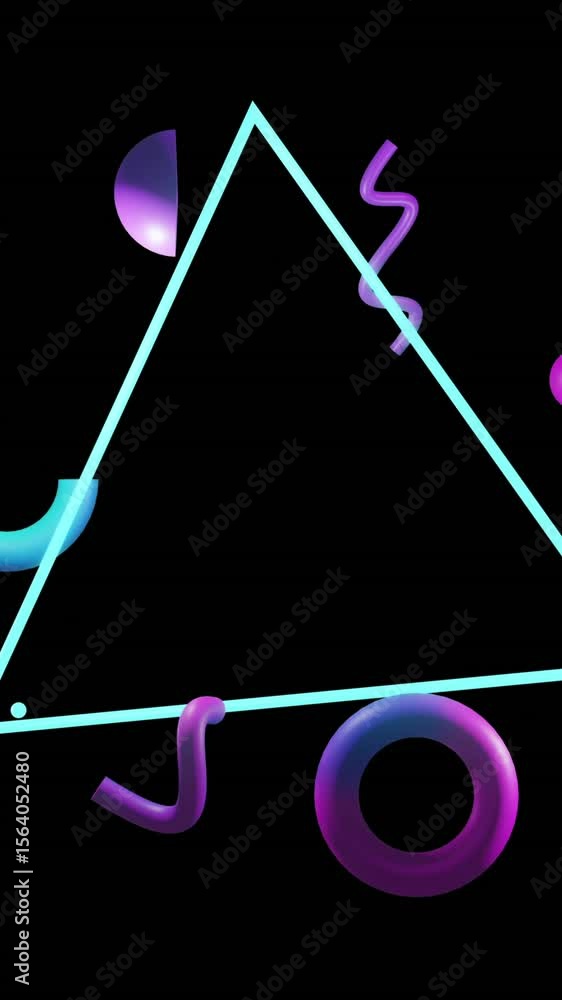 Poster animation of abstract 3d shapes over rotating triangle and black background