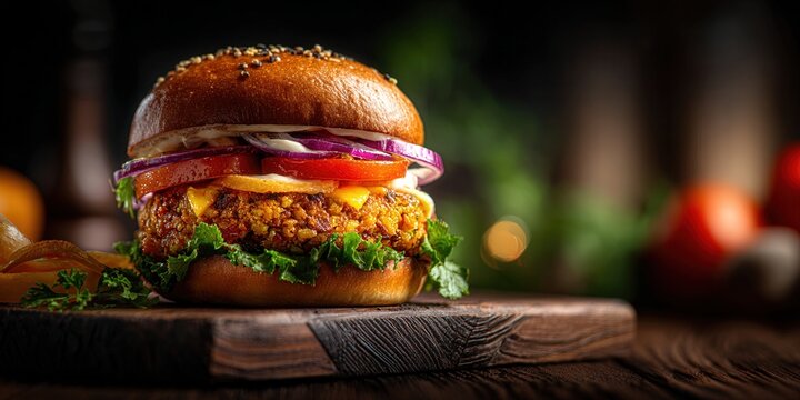 Delicious Gourmet Burger with Fresh Vegetables and Savory Toppings on a Wooden Board - Powered by Adobe
