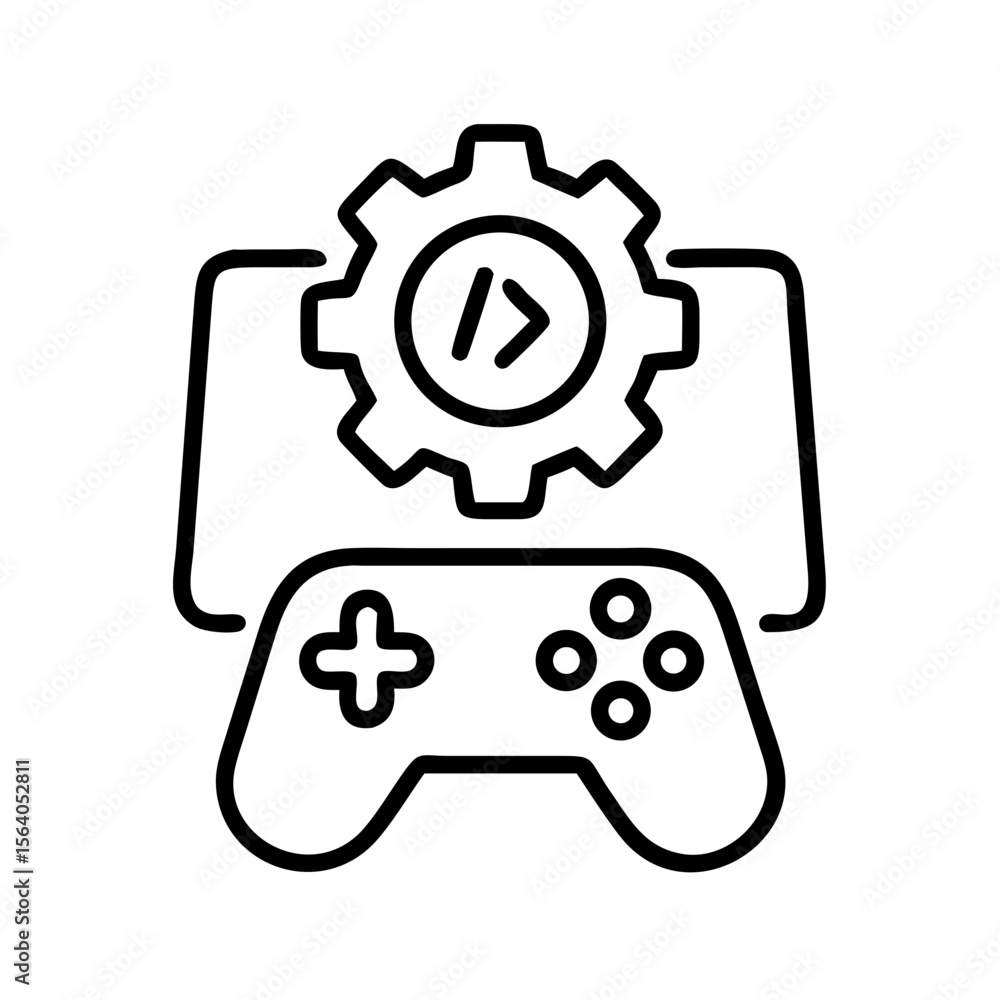 Poster game development icon vector illustration featuring a controller and gear for software creation on t