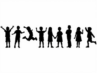 Diverse group of children s silhouettes celebrating and playing together