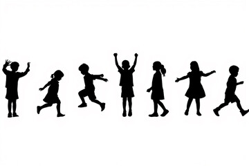 Diverse group of children in silhouette actively playing and celebrating together