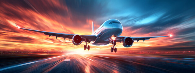 Airplane taking off at sunset with vibrant colors in the sky and on the runway