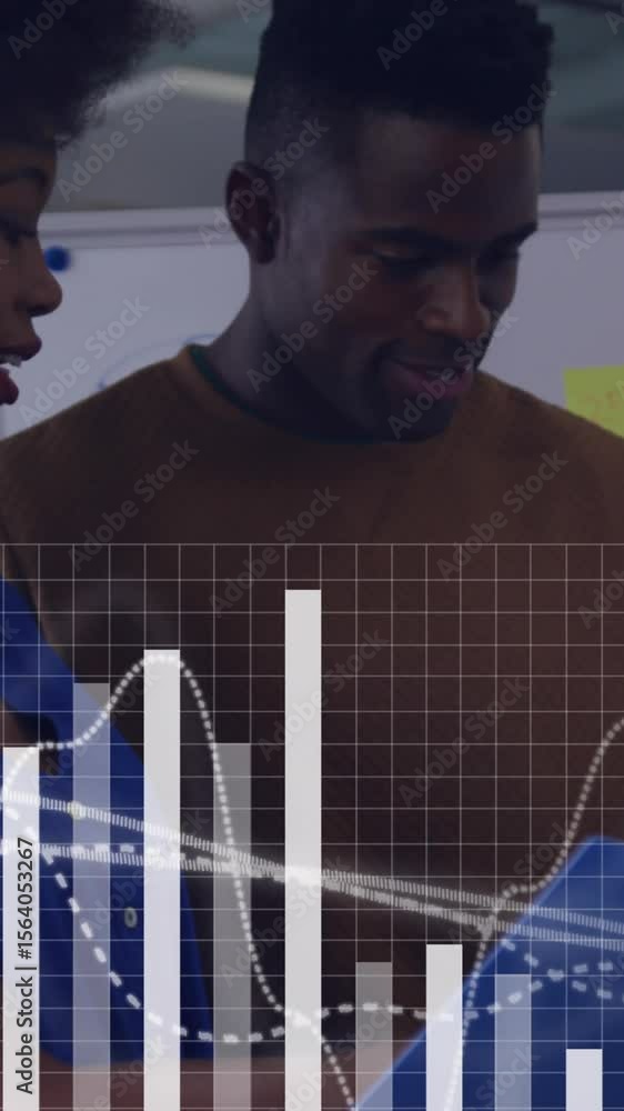 Poster animation of statistics and data processing over diverse business people in office
