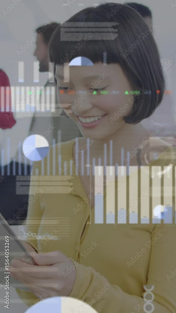 Poster animation of statistics and data processing over diverse business people in office