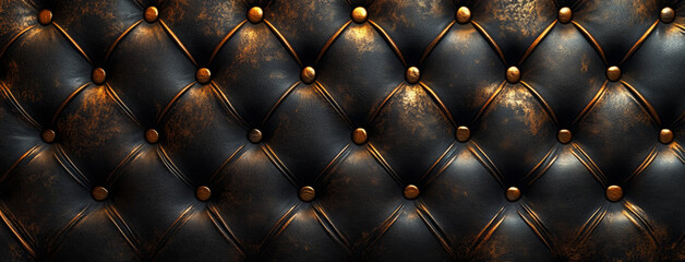 Close up of a black leather tufted cushion with gold buttons and trim design