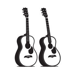 Fototapeta premium Two black silhouette acoustic guitars standing side by side against a clean white background