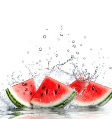 3D render of watermelon slices splashing in water with floating seeds and drops on white background.. Dynamic and clean, ideal for packaging or commercial food ads.