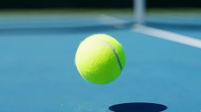 A tennis ball bouncing on a hard court, captured in slow motion