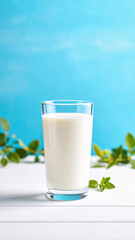 A refreshing glass of cold white milk sits on a white wooden surface with green leaves against a bright blue background