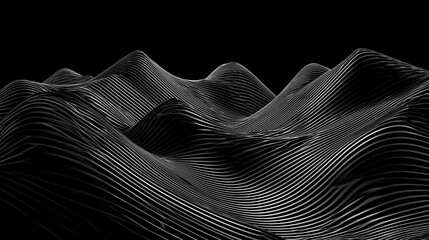 Abstract black landscape with striped wave patterns.