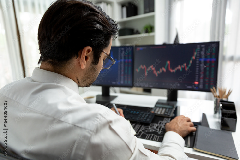 Poster smart trader businessman analyzing in two dynamic stock exchange investment screen on pc with invest