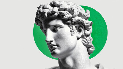Antique marble bust with curly hair. Green circle background.