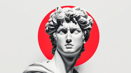 Classical marble bust sculpture. Bright red circle background.