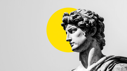 Classical marble statue in profile. Yellow sun-like circle in the background. 