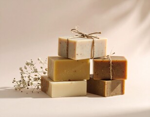 bars of organic natural soaps cut, stacked, and displayed with herbs on natural soft neutral background