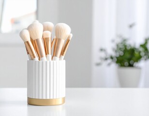 various white bristled makeup brushes in white jar with gold accents on white bathroom counter, clean white minimalist background with copy space