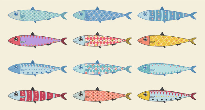 Set of hand-drawn funny sardine icons. Cute and quirky Mediterranean fish. Great for packaging, menus, and seafood branding. Vector illustration