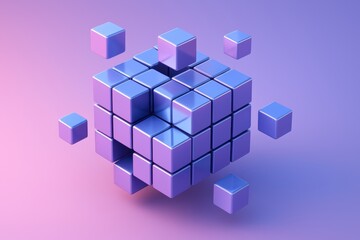 Digital Cube with Neon Glow: A stunning digital illustration presents a complex cube structure constructed from numerous smaller cubes.
