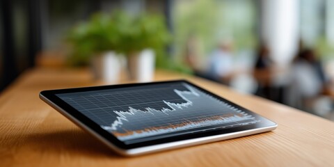 Tablet displaying financial stock chart on wooden table in modern office setting