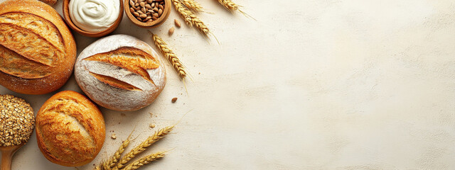 Overhead shot of assorted breads, grains, yogurt, and wheat stalks on table