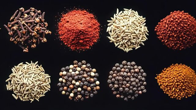 Assortment of flavorful spices: star anise, cloves, paprika, cumin seeds, black pepper and caraway against a dark black background.