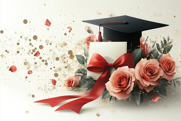 Graduation cap adorned with red ribbon and surrounded by blooming roses, with a blank card for personalization, creating a celebratory and elegant atmosphere for achievement