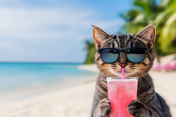 Cat wearing sunglasses enjoys a refreshing pink drink on a sunny beach, with clear blue water and palm trees in the background, capturing a fun summer vibe