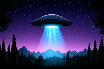 UFO hovering above a forested mountain landscape, illuminated by a beam of light, creating an otherworldly atmosphere under a starry night sky, symbolizing extraterrestrial exploration. UFO Day