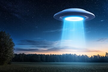 Futuristic UFO hovering above a serene landscape, emitting a bright beam of light, illuminating the surrounding fields under a starry night sky, evoking mystery and wonder. UFO Day