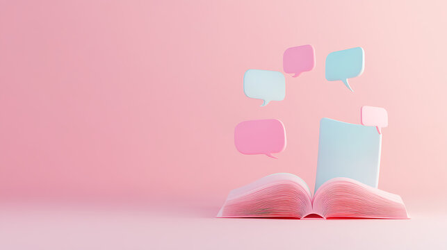Open book with floating speech bubbles, conveying communication and learning in a whimsical, minimalist style against a pink backdrop.