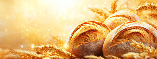 Three loaves of bread surrounded by wheat stalks in a warm golden light