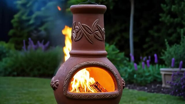 Outdoor terracotta chiminea with burning fire in a lush green garden at dusk.
