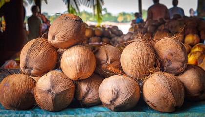 fresh coconuts on a market stall in india tropical fruit and milk drink beach of kochi nam hom coconut