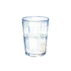 Watercolor illustration of glass with water or clear alcoholic beverages. Hand drawn sketch isolated on white background. Transparent cup for drink drawing.