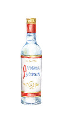 Bottle of vodka watercolor illustration. Alcoholic drink sketch isolated on white background. Hand painted drawing of traditional russian beverage.