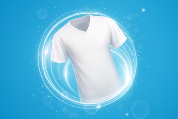 White t-shirt floating against a vibrant blue background, surrounded by rotating light rings that evoke sensations of washing, cleaning, and an overall sense of freshness