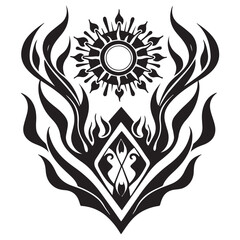 Obraz premium Abstract black tribal sun and flame design with symmetrical floral elements and sharp edges