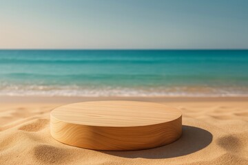 Obraz premium Circular wooden platform rests on a sandy beach with a serene ocean view in the background. The tranquil setting highlights the contrast between natural textures and colors