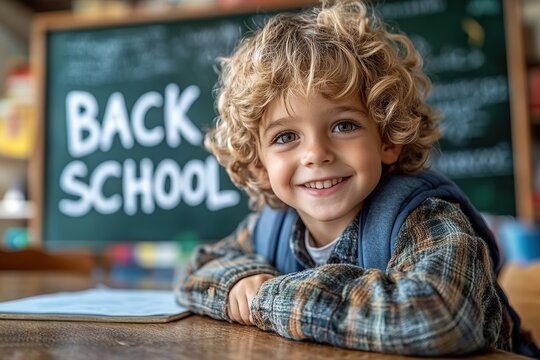 Elementary school boy sitting at a desk, chalkboard with text Back To School - Powered by Adobe