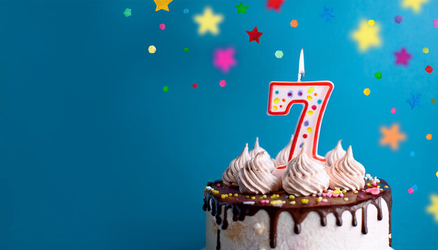 birthday cake with number seven candle to celebrate 7th birthday seamless looping of cute cake with colorful candle number 7 for birthday annual celebrate party was lit light blue background