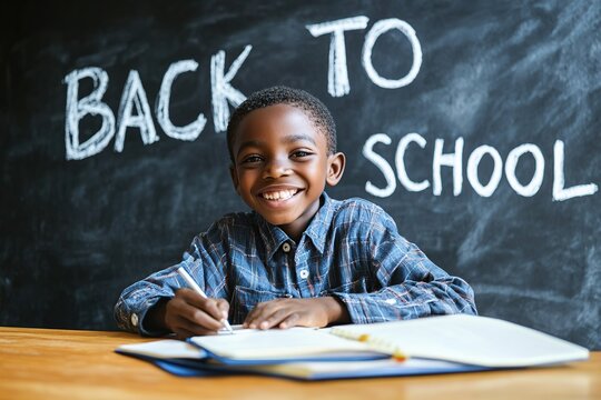 Elementary school boy sitting at a desk, chalkboard with text Back To School