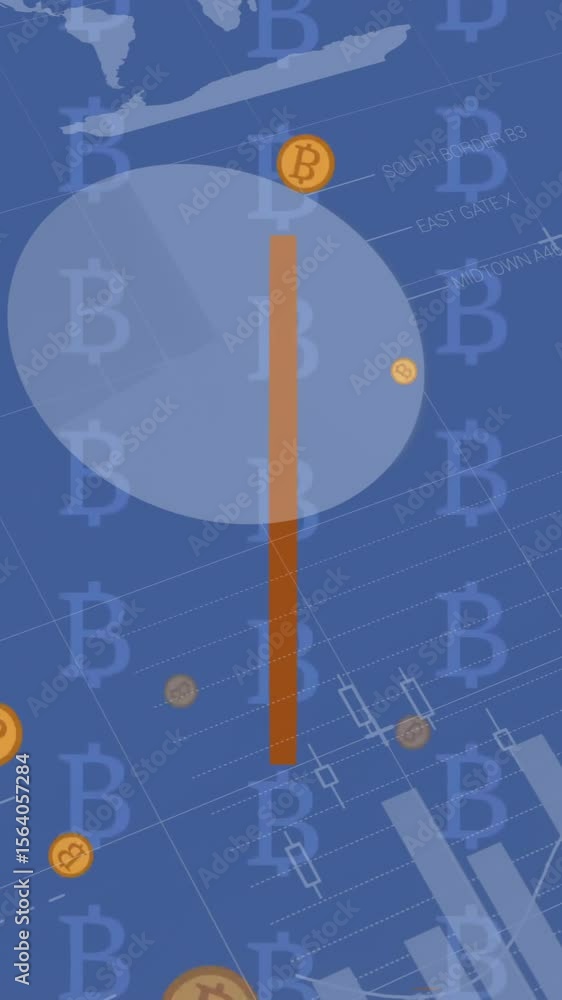 Poster animation of financial data processing over bitcoin symbols on blue background